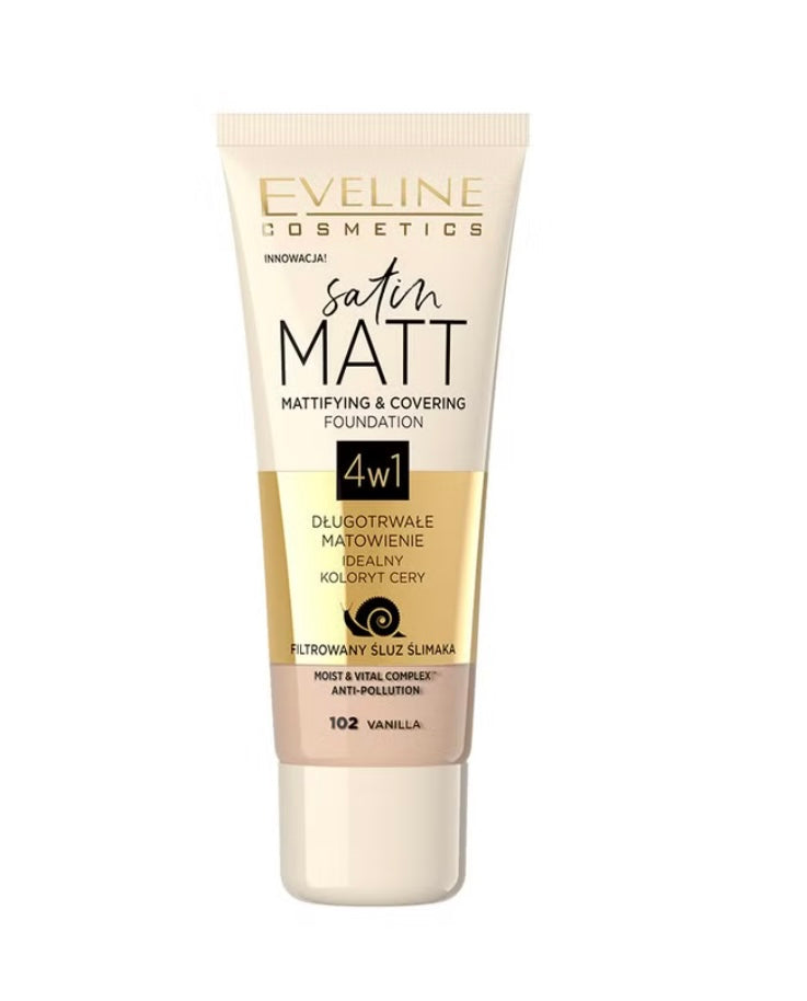 Eveline Satin Matt Matujący Podkład Kryjący 4w1 Satynowy Efekt Nr 102 Wanilia 30ml